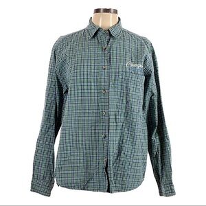 🌺 Cowboy Hardware Cowgirl Embroidered Blue Green Plaid Mini Check Shirt Size L